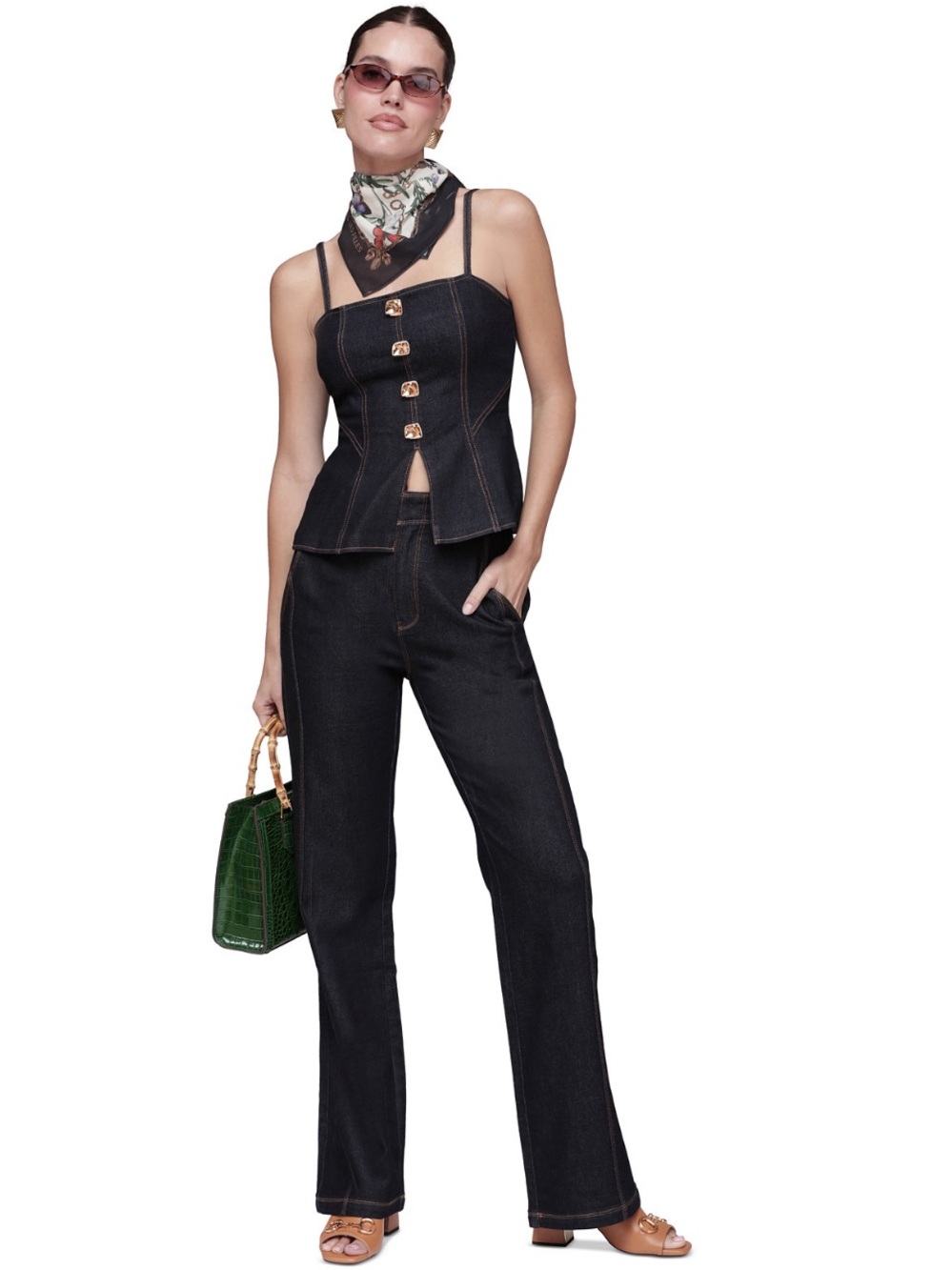NEW Avec Les Filles Square Neck Peplum Top- Dark Rinse Wash